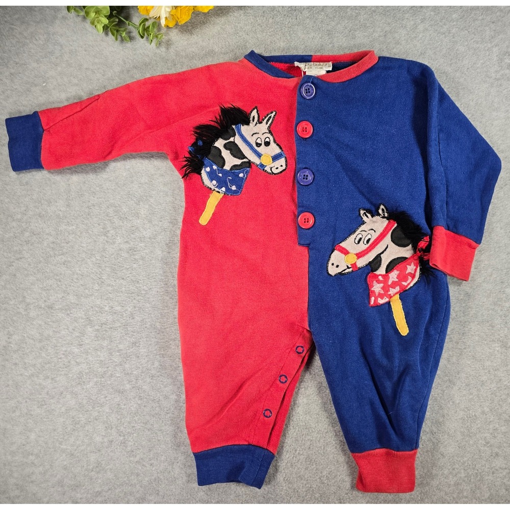 Vintage 90s Baby Beluga Romper 12m Embroidered Horse Colorblock Fleece Jumpsuit